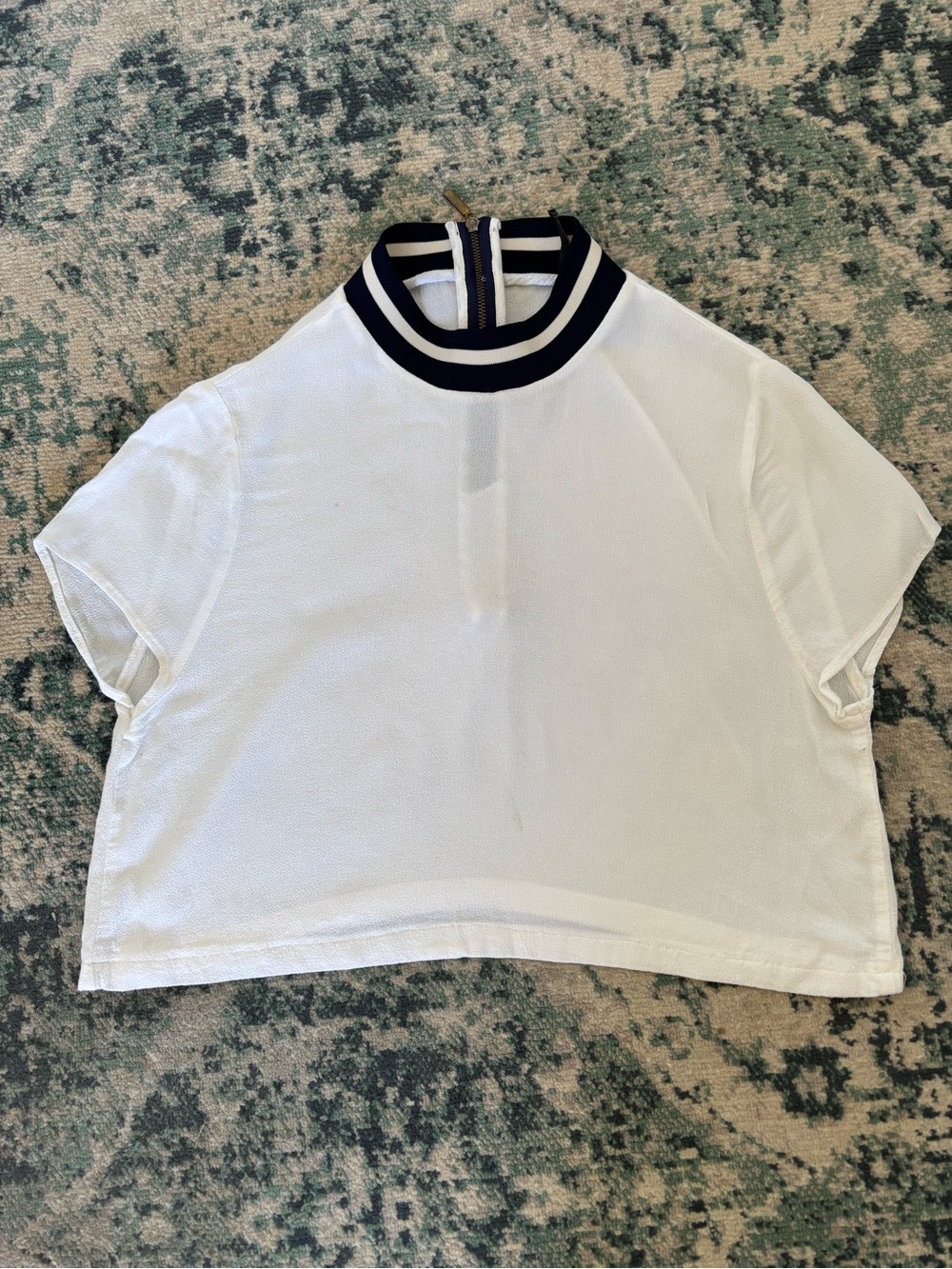 Zara, White Short-Sleeve Mesh Mock Neck Top with Navy Trim